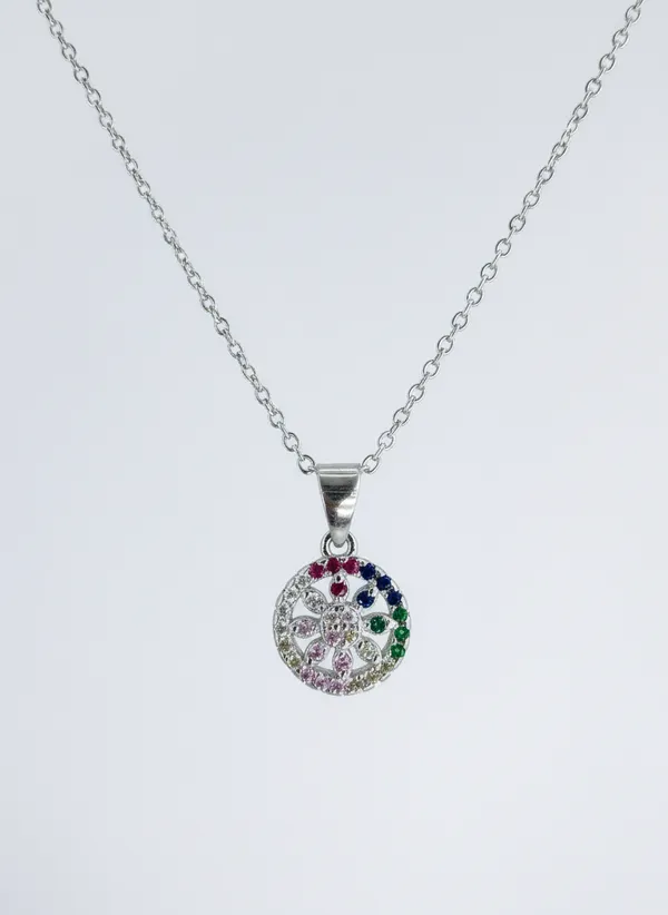 Multicolour_Stone_Round_Floral_Pendant_Necklace_925_Sterling_Silver